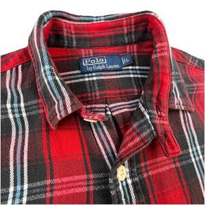 Vintage Polo Ralph Lauren Shirt L Loop Collar Flannel Cotton Tartan Plaid